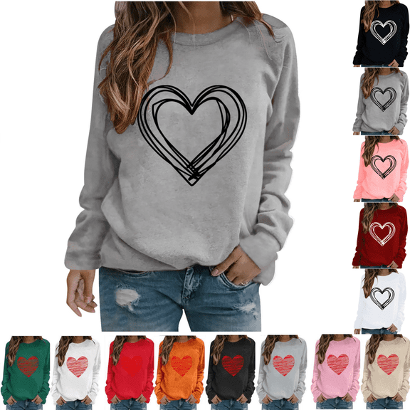 VgaVtl Long Sleeve Womens Plus Tees Valentines Day Cute Womens Tops Holiday Casual Relaxed Fit Heart Print Gray Tops,XL
