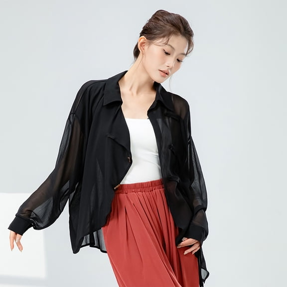 VgaVtl Long Sleeve Womens Shirt Mesh Collared Women Tops Leisure Open Front Loose Solid Black Shirts,L