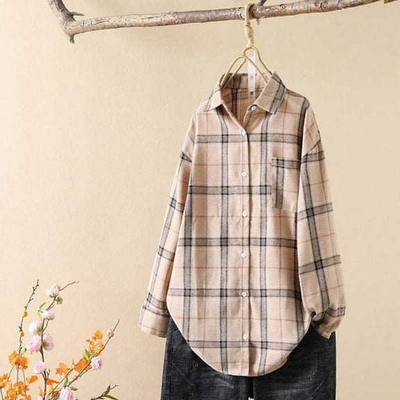 VgaVtl Long Sleeve Womens Shirt Plaid Collared Ladies Plus Size Tops Blouses Button Down Loose Casual Yellow Shirts,S