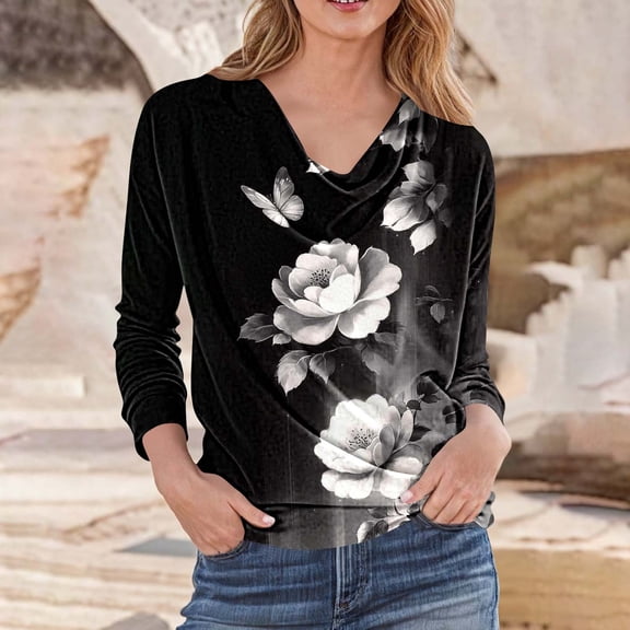 VgaVtl Long Sleeve Womens Shirt V-Neck Fall Winter Ladies Tops Fancy Casual Vacation Floral Loose Shirts,XL