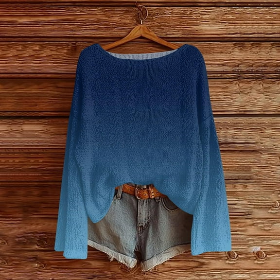 VgaVtl Long Sleeve Womens Shirts Knitted Fall Winter Tops for Women Relaxed Fit Soft Gradient Color Blue Leisure Shirts,M
