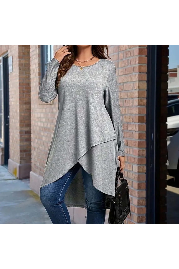 Long Sleeve Womens Shirts Plus Size Tunic Fall Winter Womens Tops Gray Casual High Low Relaxed Fit Plain Shirts,XL