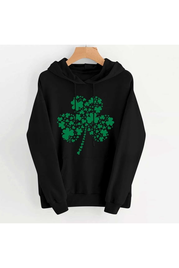 Long Sleeve Womens Sweatshirts Trendy Hooded St Pattys Day Ladies Plus Size Tops Soft Shamrock Oversized Tops,Black 2XL