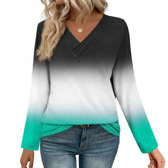 VgaVtl Long Sleeve Womens T Shirt V-Neck Tops for Women Plus Size Button Loose Workout Green Gradient Color Casual Shirts,M