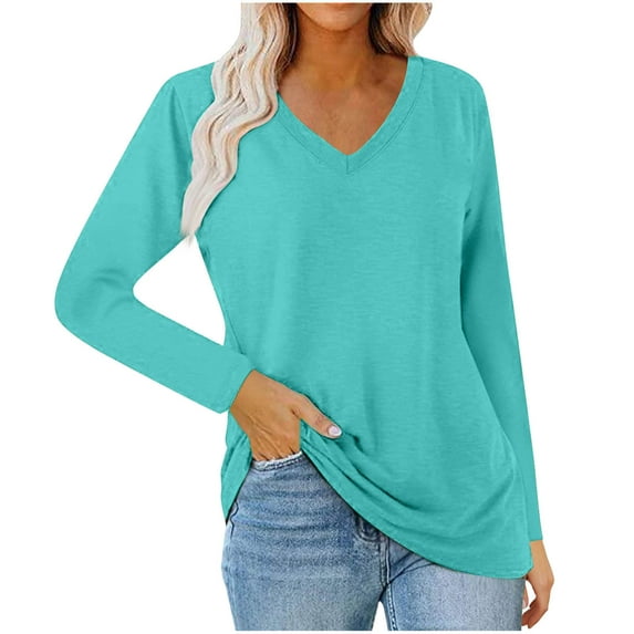 VgaVtl Long Sleeve Womens T Shirt V-Neck Womens Tops Plus Size Basic Solid Color Casual Loose Blue Layering Shirts,4XL