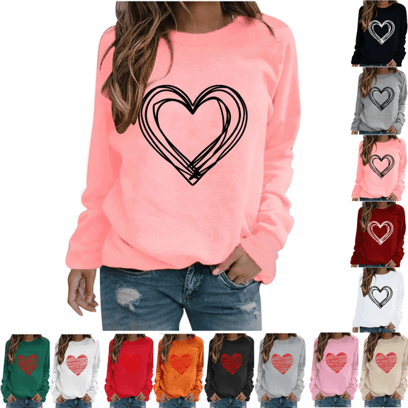 VgaVtl Long Sleeve Womens T Shirts Valentines Day Cute Plus Size Tops for Women Holiday Heart Print Relaxed Fit Pink Tops,L