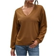 thumbnail image 1 of VgaVtl Long Sleeve Womens Tee Shirts Plus Size V-Neck Womans Tops Waffle Brown Basic Plain Loose Casual Shirts,L, 1 of 5