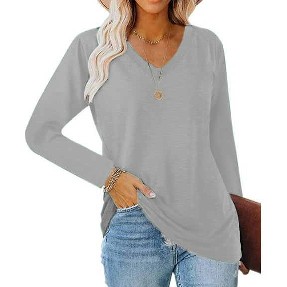 VgaVtl Long Sleeve Womens Tee Shirts Plus Size V-Neck Womens Tops Basic Undershirts Plain Loose Gray Leisure Shirts,XL