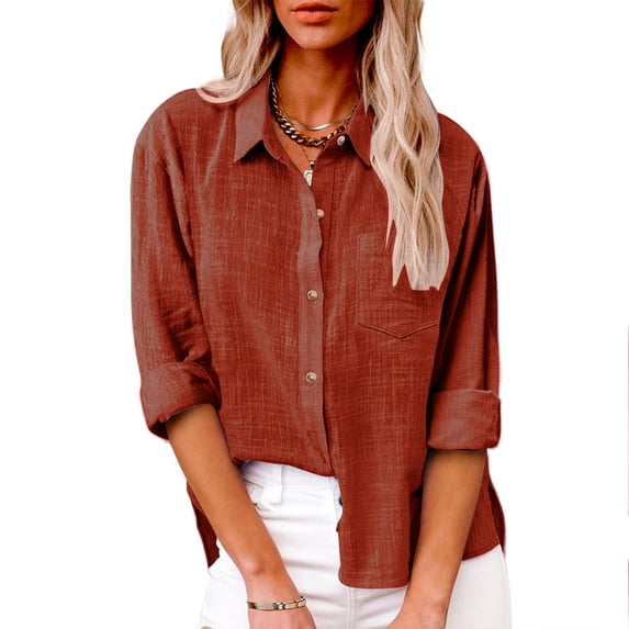 VgaVtl Long Sleeve Womens Tops Dressy Orange Ladies Blouses Loose Solid Collared Casual Button Tops
