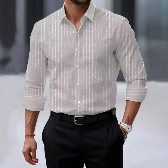 VgaVtl Men Long Sleeve Shirt Standing Collar Button down Dress Shirts Tops for Men Gray Office Loose Cardigan Striped Shirts