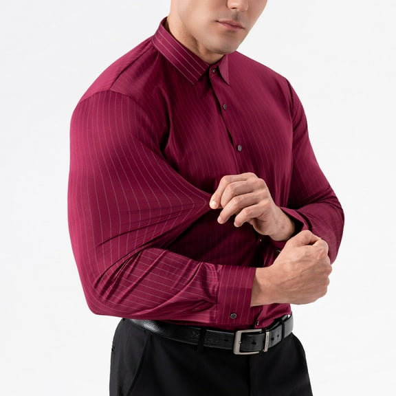 VgaVtl Men Long Sleeve Shirts Collared Muscle Clothes for Men Shirts Stretch Casual Button Striped Red Loose Shirts,L