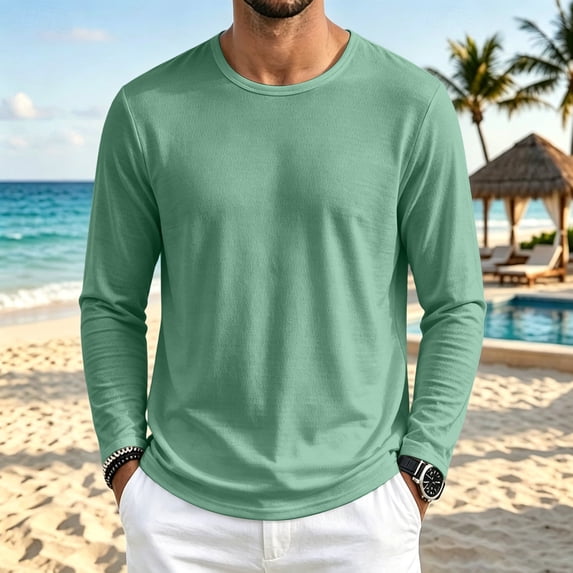 VgaVtl Men Long Sleeve Tee Fall Winter Quick Drying Crew Neck Leisure Green Solid Color Mens Tops Basic Sports Loose