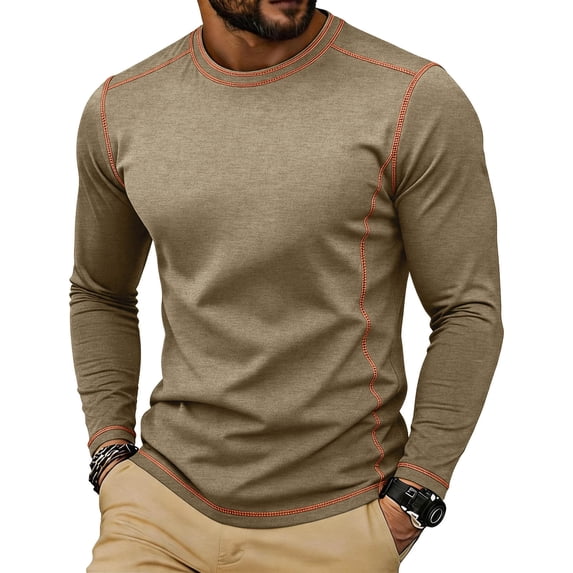 VgaVtl Men Long Sleeve Tee Khaki Fall Winter Slim Crew Neck Going Out Solid Pullover Basic Casual Tops for Men