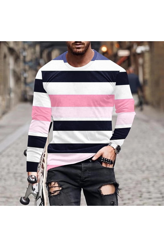 Men Long Sleeve Tee Pink Fall Winter Mens Clothes Holiday Loose Leisure Basic Striped Undershirts Shirts,M