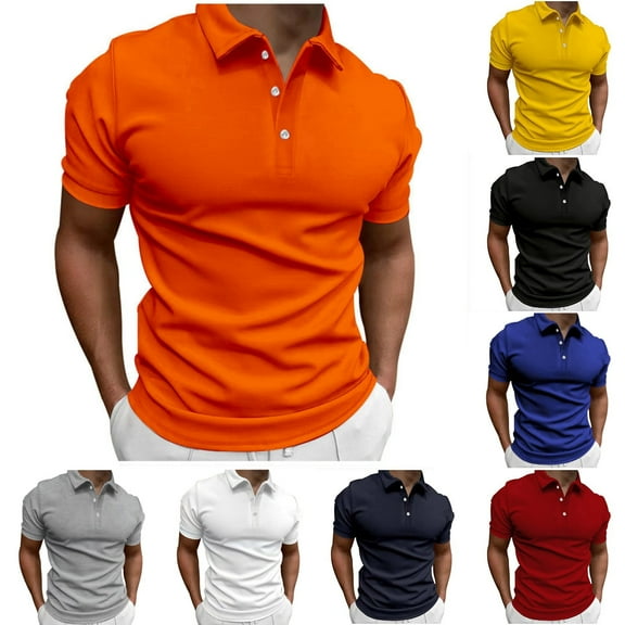 VgaVtl Men Polo Short Sleeve Lapel Shirts for Men Solid Color Collared Pull-On Regular Casual Shirts,Orange L