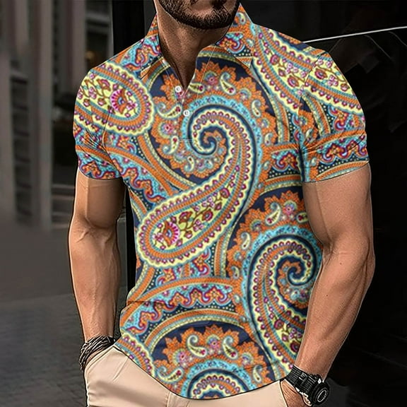 VgaVtl Men Short Sleeve Polo Shirts Graphic Mens Clothes Shirts Retro Casual Regular Ethnic Style Shirts,4XL