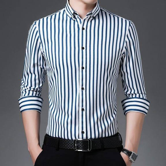 VgaVtl Men's Long Sleeve Shirts Blue Dress Shirts Collared Shirts for Men Loose Button Striped Wrinkle Free Dressy Business Shirts