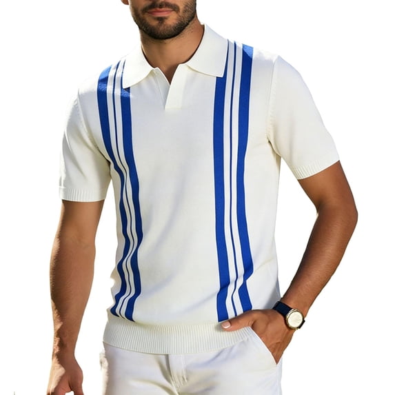 VgaVtl Men's Polo Shirts Summer Big and Tall Short Sleeve Striped Business Knit Shirts for Men Collared Casual