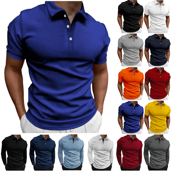 VgaVtl Men's Short Sleeve Polo Lapel T Shirts for Men Regular Solid Color Casual Collared Pull-On Shirts,Blue 3XL