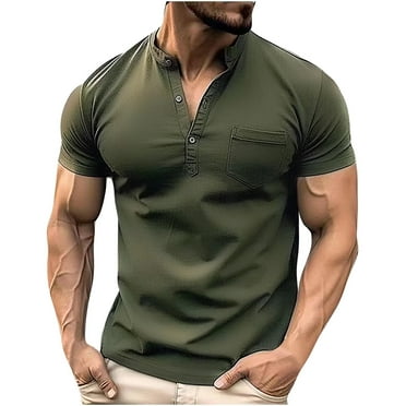 VgaVtl Men's Short Sleeve Polo Shirt Turn Down Collar Tee Shirts for Men Solid Color Relaxed Fit Casual Button Shirts,Green L