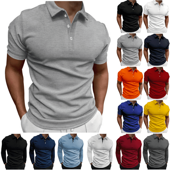 VgaVtl Men's Short Sleeve Polo Shirts Lapel Clothes for Men Shirts Regular Pull-On Solid Color Casual Shirts,Gray XXL
