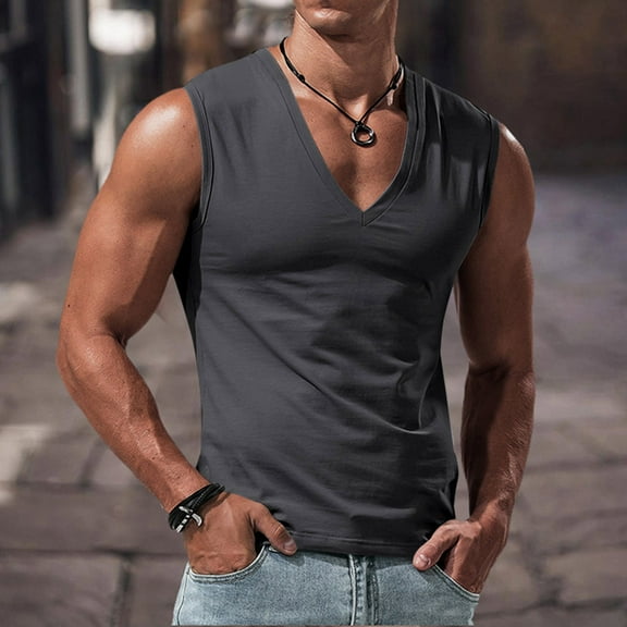 VgaVtl Men's Tank Shirts V-Neck Cotton Sleeveless Mens Tank Undershirts Plain Casual Fitness Regular Basic Shirts,Gray XL