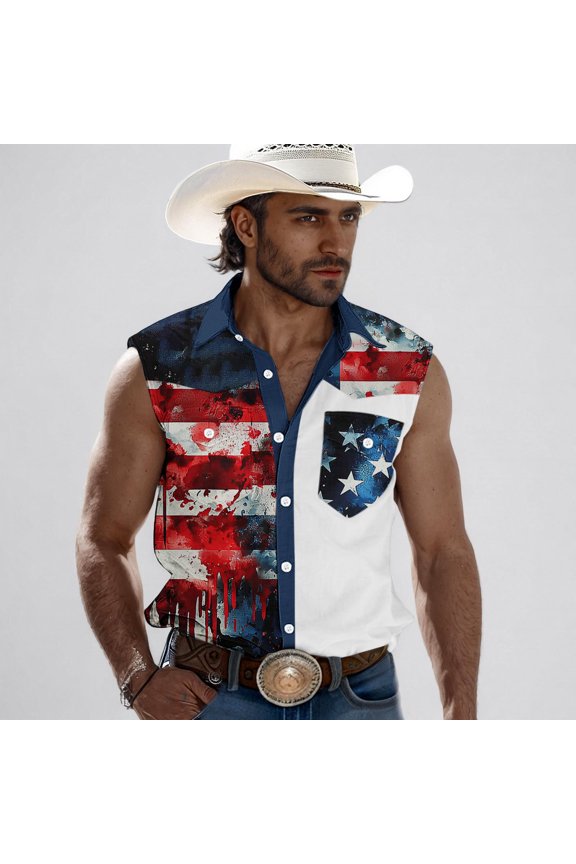 Men's Tank Tops Collared Independence Summer Clothes for Men Blue Stars Sleeveless Holiday Cardigan Casual Tops