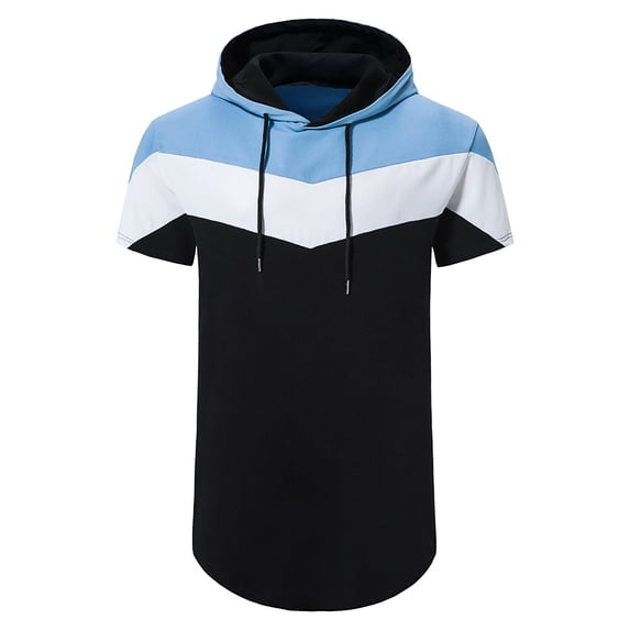 VgaVtl Men's Tee Shirts Summer Hooded Short Sleeve Mens Tops Athletic Soft Muscle Leisure Slim Color Block Blue Tops