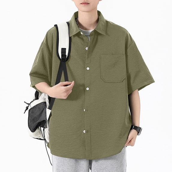 VgaVtl Mens Collared Shirt Elbow-Length Summer Oversized Button Solid Color Casual Mens Tops Everyday Breathable