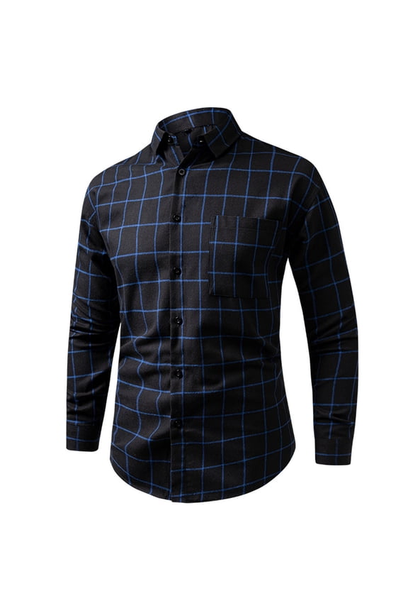 Mens Long Sleeve Shirt Lapel Cotton Dress Shirts Clothes for Men Shirts Business Dressy Checkered Slim Blue Button Shirts