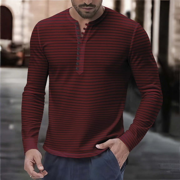 VgaVtl Mens Long Sleeve Shirt Red Fall Winter Tee Shirts for Men Striped Slim Button Leisure Soft Layering Shirts,L