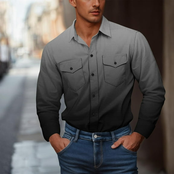 VgaVtl Mens Long Sleeve Shirts Dress Shirts Collared Gray Mens Clothes Gradient Color with Pockets Button Loose Work Shirts