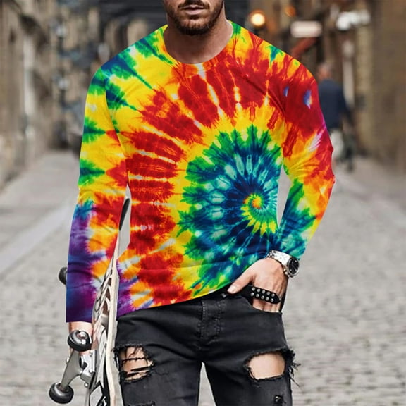 VgaVtl Mens Long Sleeve T Shirts Red Muscle Mens Plus Size Shirts Holiday Tie-Dye Regular Casual Layering Shirts,L