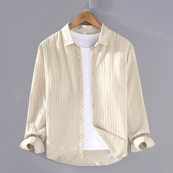 VgaVtl Mens Shirts Beige Long Sleeve Turn Down Collar Clothing for Men Button Casual Plain Cardigan Loose Soft Shirts,M