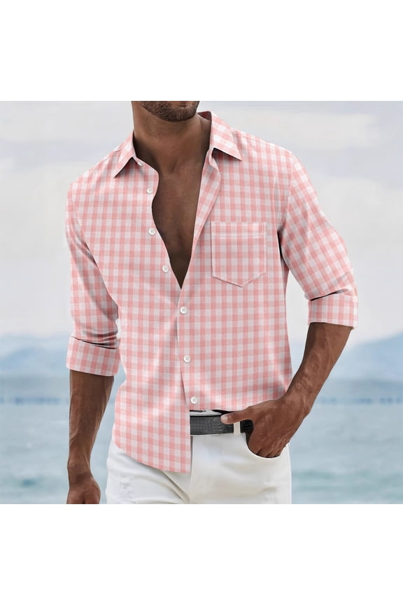 Mens Shirts Big and Tall Long Sleeve Checkered Collared Clothes for Men Holiday Leisure Pink Button down Loose Shirts,L