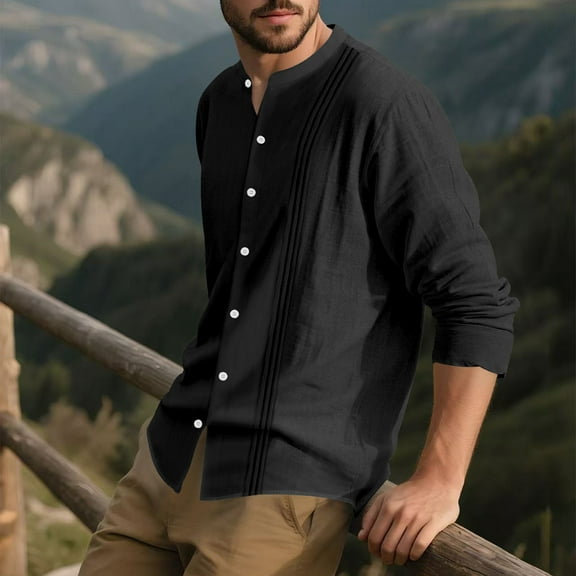 VgaVtl Mens Shirts Long Sleeve Cotton Linen Collared Tops for Men Loose Soft Workout Solid Color Button down Black Shirts,S