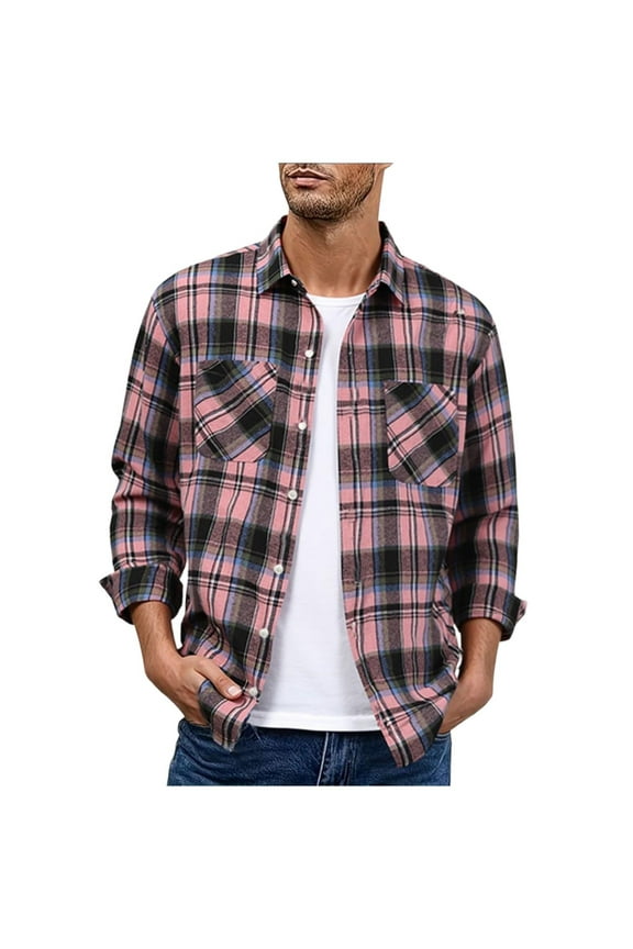 Mens Shirts Long Sleeve Plaid Collared Clothes for Men Outdoors Loose Pink Casual Big and Tall Button down Shirts,L