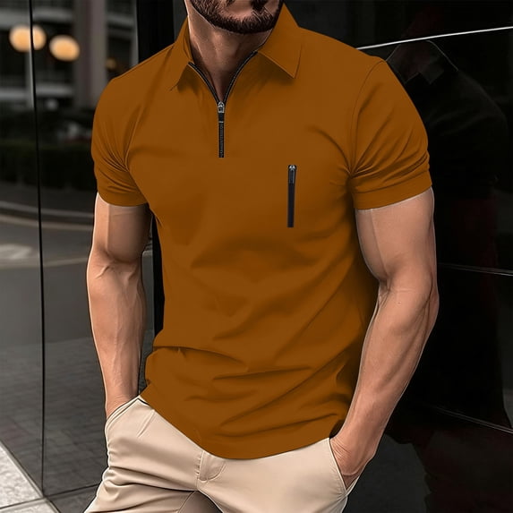 VgaVtl Mens Shirts Polo Summer Short Sleeve Muscle Mens Collared Shirts Casual Plain Zip-Up Athletic Orange Shirts