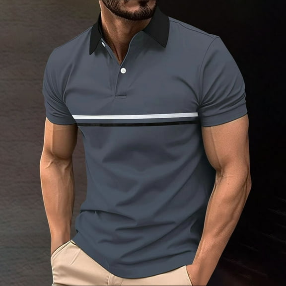 VgaVtl Mens Shirts Short Sleeve Polo Summer Mens Clothes Button Striped Leisure Plain Regular Shirts,Gray XL
