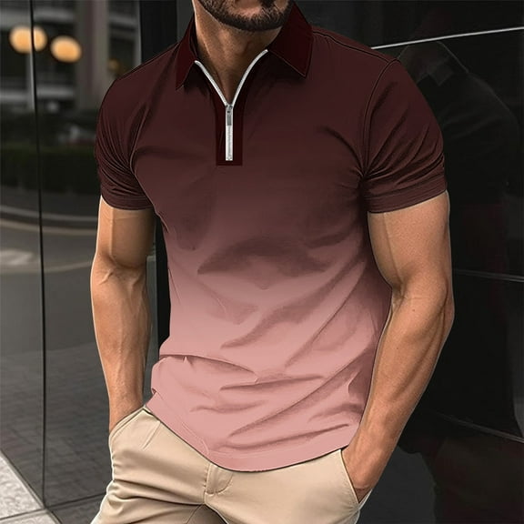 VgaVtl Mens Short Sleeve Polo Shirt Lapel Clothes for Men Shirts Gradient Print Casual Zipper Pull-On Relaxed Fit Shirts,Red M