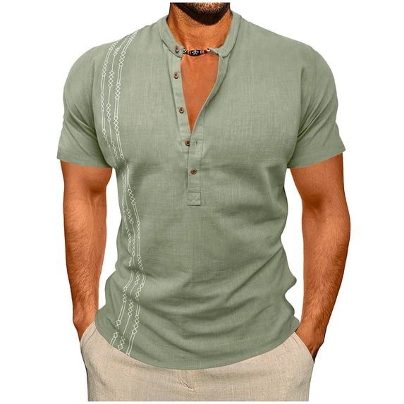 VgaVtl Mens T Shirts Muscle Summer Short Sleeve Tops for Men V-Neck Button Green Slim Solid Color Sports Tops