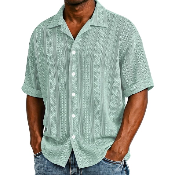 VgaVtl Mens Turn Down Collar Shirts Short Sleeve Summer Knit Button up Mens Tops Holiday Casual Plain