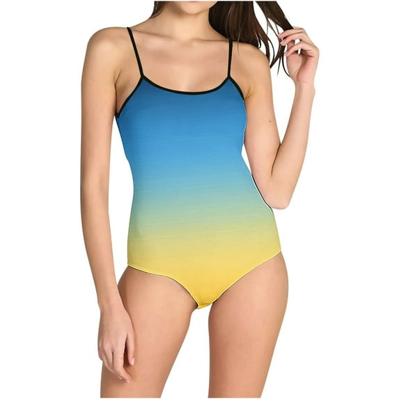 VgaVtl One Piece Womens Bathing Suit Spaghetti Straps Woman Swimsuit Gradient Print Cute Bikinis Playing Swimsuits,Yellow XL
