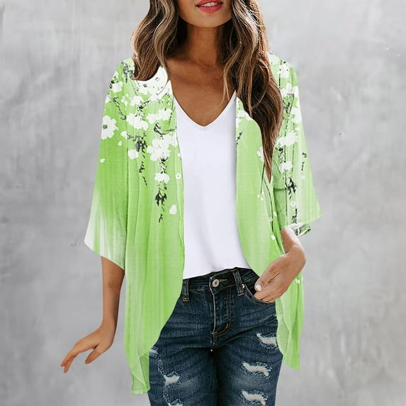 VgaVtl Open Front Summer Cardigans for Women 3/4 Sleeve Green Womens Cardigans Lightweight Loose Floral Cardigans