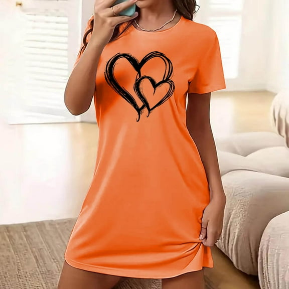 VgaVtl Orange Womens Sleepshirts Plus Size Short Short Sleeve Women's Nightgowns Print Sleepwear
