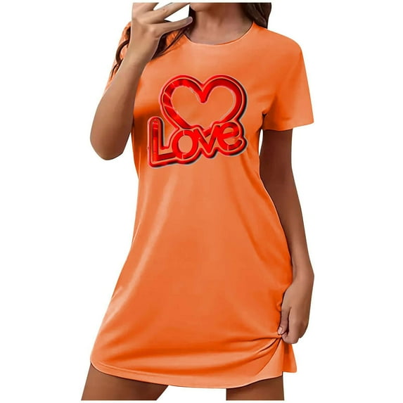 VgaVtl Orange Womens Sleepshirts Plus Size Short Sleeve Womens Sleepwear Plus Size Valentines Day Print Holiday Nightgowns