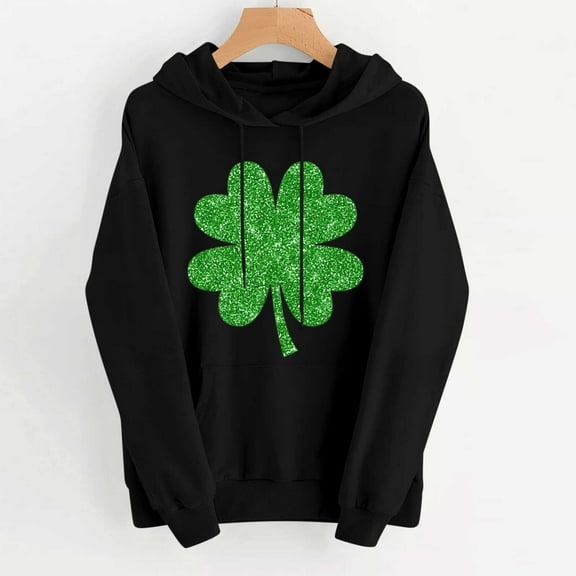 VgaVtl Oversized Sweatshirt for Women St. Paddy's Day Long Sleeve Hooded Women's Tops Holiday Sequin Shamrock Loose Tops,Black L