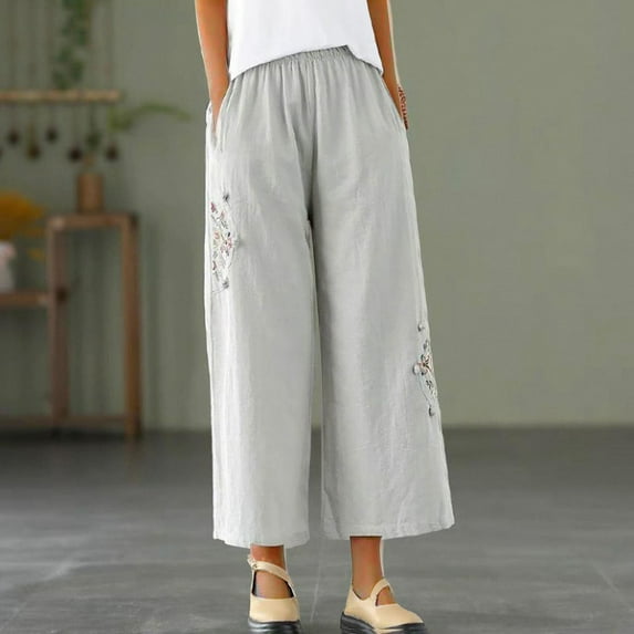 VgaVtl Pants Plus Women Ankle Gray Wide-Leg Cotton Linen Womens Palazzo Pocket Print Loose Pants