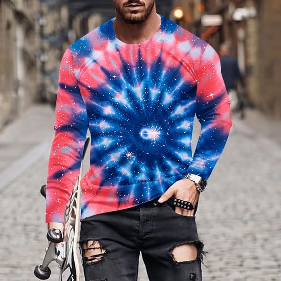VgaVtl Pink Men's Long Sleeve Tee Shirts Muscle Mens Clothes Tie-Dye Going Out Basic Casual Loose Shirts,XXL