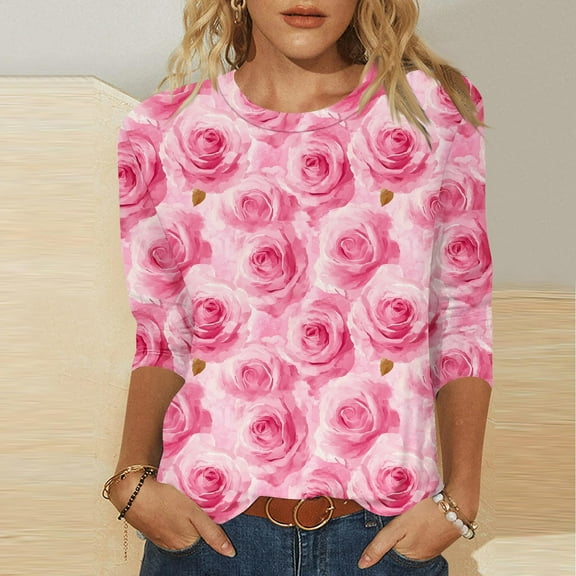 VgaVtl Pink Plus Size Tshirts Women Valentines 3/4 Sleeve Womens Shirts Basic Leisure Festivals Loose Floral Tops